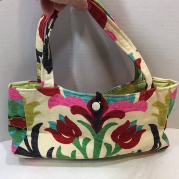 Multicolor Floral Linen Cotton Stylish Handbag Button Closure  11"x3"x6" - Picture 5 of 12